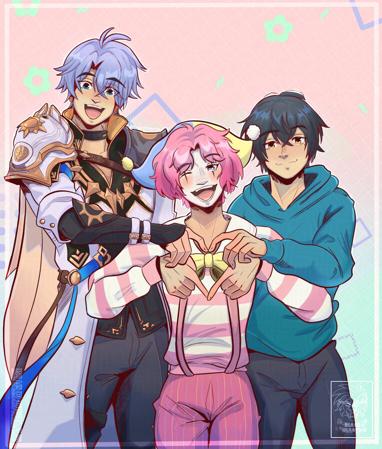 Gift Art featuring Phainon from Honkai Star Rail, Miyano from Sasaki and Miyano, and Vtuber Toodles the Clown - Digital Art - 2025